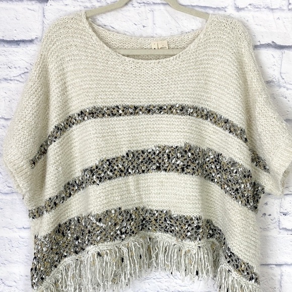 Moth Anthropologie ivory crew fringe poncho sweater small - Picture 1 of 7